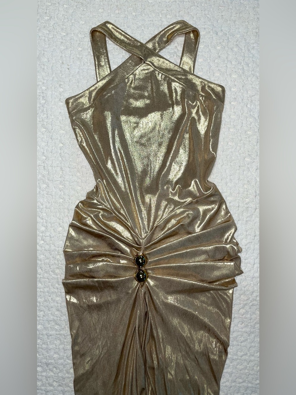 Stunning Gold Metallic Ruched Maxi Dress | Size Small - Picture 3 of 9